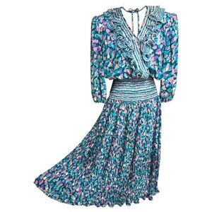 VTG Neiman Marcus Susan Freis Ruffle Collar Pleated Long Sleeve Dress Size Large